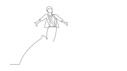 Poster - Self drawing animation of single line draw businessman jump with raised legs, spread arms. Male manager celebrating success of increasing company's product sales. Continuous line. Full length animated