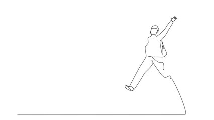 Poster - Animated self drawing of continuous line draw happy businessman jump with both hands raised. Salesman celebrates salary increase and benefits from company. Full length one line animation illustration