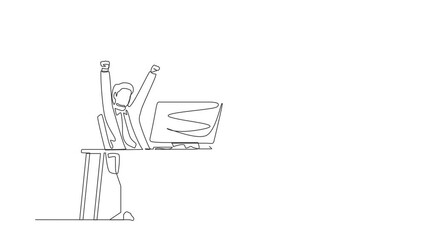 Poster - Animated self drawing of continuous line draw happy businessman sitting with raised hands on the his workplace. Office worker celebrates salary increase from company. Full length single line animation