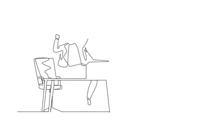 Poster - Self drawing animation of single line draw businessman jump with raised hands on his workplace. Manager celebrating success of increasing company product. Continuous line draw. Full length animated