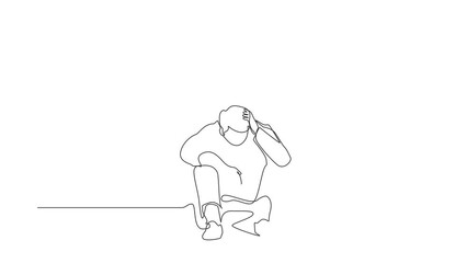 Poster - Self drawing animation of single line draw businessman feeling depression, holding head, and sitting on the floor. Frustrated worker mental health problems. Continuous line draw. Full length animated