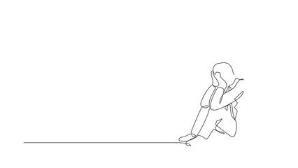 Poster - self drawing animation of single line draw businessman feeling sad, depression sitting on floor. off