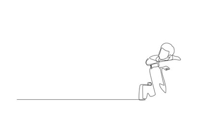 Poster - Animated self drawing of continuous line draw depressed businessman suffer emotion sadness stress with briefcase sitting in despair on floor. Worker sad expression. Full length single line animation