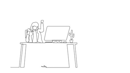 Poster - Self drawing animation of single one line draw businesswoman sitting on workplace with raised one hand high. Worker celebrates salary increase from company. Continuous line. Full length animated