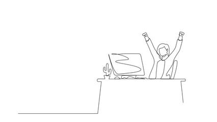 Poster - Animated self drawing of continuous line draw happy businesswoman sitting with raised hands on the her workplace. Office worker celebrates salary increase from company. Full length one line animation