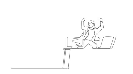 Poster - Animated self drawing of continuous line draw businesswoman jump with raised hands on her workplace. Manager celebrating success of increasing company product sales. Full length single line animation