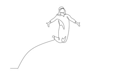 Poster - Animated self drawing of continuous line draw Arab businessman jump with raised his legs, spread his arms. Manager celebrating success of increasing company's product. Full length one line animation