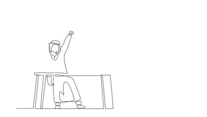 Poster - Self drawing animation of single line draw Arab businessman sitting with raised hands on the his workplace. Office worker celebrates salary increase from company. Continuous line. Full length animated