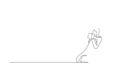 Poster - Self drawing animation of single one line draw Arab businessman kneeling with gesture of both hands yes. Salesman celebrates salary increase from company. Continuous line draw. Full length animated