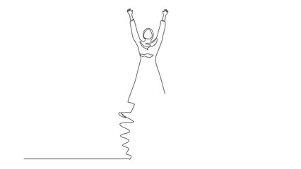 Poster - Self drawing animation of single line draw Arabian businesswoman jumping with spread her arms and legs. Office worker celebrate success of company project. Continuous line draw. Full length animated