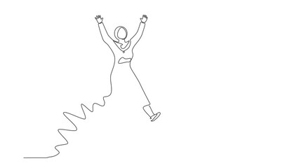 Poster - Animated self drawing of continuous line draw happy Arab businesswoman jump with both hands raised. Saleswoman celebrates salary increase and benefits from company. Full length one line animation