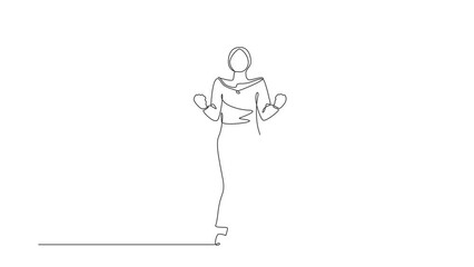 Poster - Animated self drawing of continuous line draw happy Arabian businesswoman standing with both hands do gesture yes. Office worker celebrate success of company project. Full length one line animation