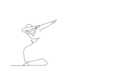 Poster - Animated self drawing of continuous line draw happy Arab businesswoman standing with crossing arms and look down. Saleswoman celebrates salary increase from company. Full length one line animation