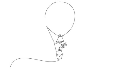 Poster - Animated self drawing of single continuous line draw robots in hot air balloon with money bag looking with telescope. Modern robot artificial intelligence technology. Full length one line animation