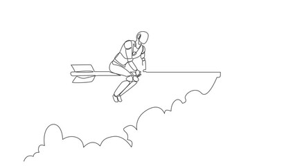 Poster - Self drawing animation of single line draw robots riding arrow with exact target. Future technology development. Artificial intelligence machine learning process. Continuous line. Full length animated