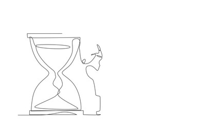 Poster - Self drawing animation of single line draw robot lean on giant hourglass. Future technology development. Artificial intelligence machine learning process. Continuous line draw. Full length animated