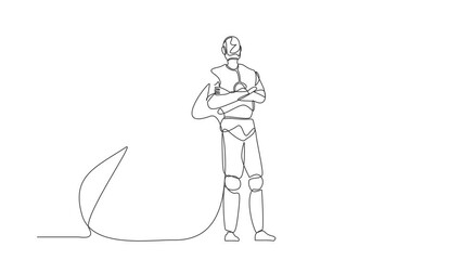 Poster - Animated self drawing of continuous line draw robots lean on full cash money bag. Modern robotics artificial intelligence technology. Electronic technology industry. Full length one line animation