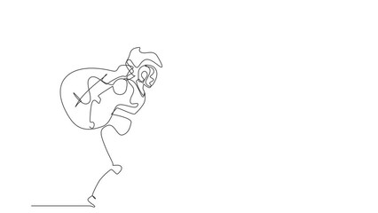 Poster - Animated self drawing of continuous line draw robots carry heavy huge bag full cash of money. Humanoid robot cybernetic organism. Future robotics development concept. Full length single line animation