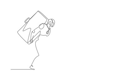 Poster - Animated self drawing of continuous line draw robots standing carrying heavy huge briefcase. Humanoid robot cybernetic organism. Future robotics development concept. Full length single line animation