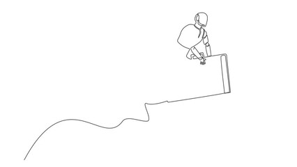 Poster - Animated self drawing of continuous line draw robot riding and flying with briefcase rockets. Humanoid robot cybernetic organism. Future robotics development concept. Full length one line animation