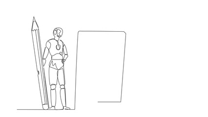 Poster - Animated self drawing of single continuous line draw robots holding pencil looking clipboard. Modern robotics artificial intelligence technology. Electronic technology. Full length one line animation