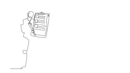 Poster - Self drawing animation of single one line draw robot holding clipboard with checklist. Future technology development. Artificial intelligence machine learning. Continuous line. Full length animated