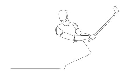 Poster - Self drawing animation of single one line draw robot come out from cellular phone hitting golf ball with golf club. Technology. Artificial intelligence machine. Continuous line. Full length animated