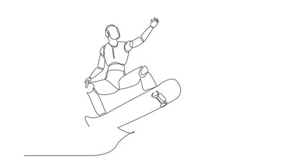 Poster - animated self drawing of continuous line draw robot come out from cellular phone jump with skateboar