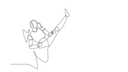 Poster - Animated self drawing of continuous line draw robots come out from cellular phone with kicking pose. Modern robotics artificial intelligence. Electronic technology. Full length one line animation