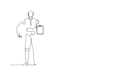 Poster - Animated self drawing of continuous line draw robot holding boxes clipboard with documents. Modern robotics artificial intelligence technology. Electronic technology. Full length one line animation
