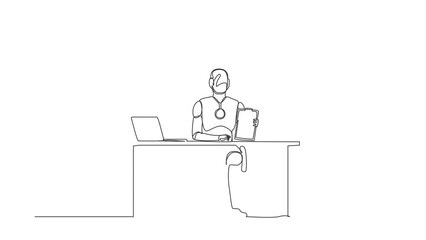 Poster - Animated self drawing of continuous one line draw robots sitting near office desk showing clipboard. Humanoid robot cybernetic organism. Future robotics development. Full length single line animation