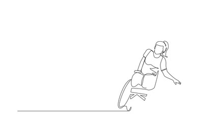 Poster - Self drawing animation of single one line draw athlete playing basketball in wheelchair. Woman with paralyzed legs training with ball. Person doing sports. Continuous line draw. Full length animated