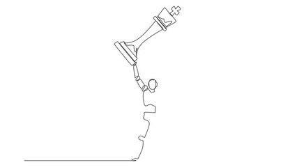 Poster - Animated self drawing of continuous line draw robot standing and lifting up king chess piece. Humanoid robot cybernetic organism. Future robotics development concept. Full length single line animation