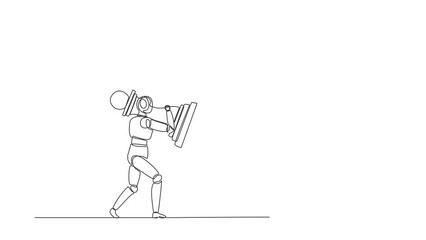 Poster - Self drawing animation of single line draw robot holding pawn chess piece to beat king chess. Future technology. Artificial intelligence machine learning. Continuous line draw. Full length animated