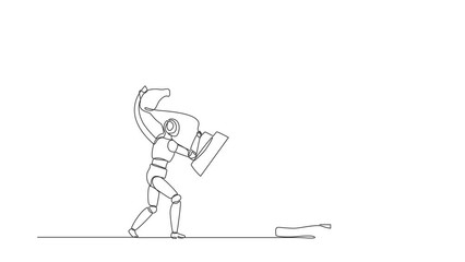 Poster - Animated self drawing of continuous line draw robots holding knight chess piece to beat king chess. Humanoid robot cybernetic organism. Future robotics development. Full length single line animation