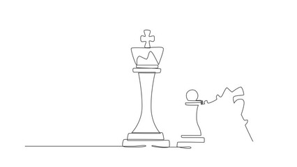 Poster - Animated self drawing of continuous line draw robots push pawn chess piece to take down king. Modern robotics artificial intelligence. Electronic technology industry. Full length one line animation