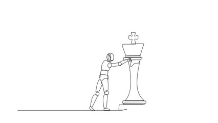 Poster - Self drawing animation of single one line draw robot push huge king chess piece to take down other king. Future technology. Artificial intelligence machine. Continuous line draw. Full length animated