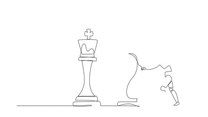 Poster - animated self drawing of continuous one line draw robots push knight horse chess piece to take down 