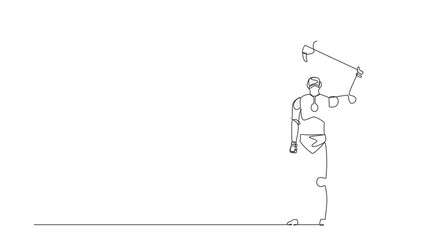 Poster - Animated self drawing of continuous line draw robots standing and lifting up big axe. Modern robotics artificial intelligence technology. Electronic technology industry. Full length one line animation