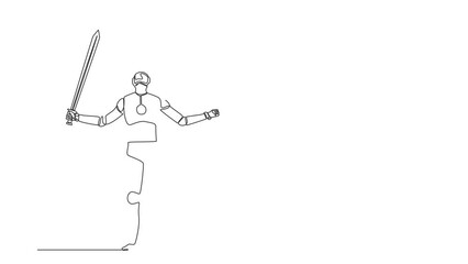 Wall Mural - Animated self drawing of continuous one line draw robots standing and lifting up big sword. Humanoid robot cybernetic organism. Future robotics development concept. Full length single line animation