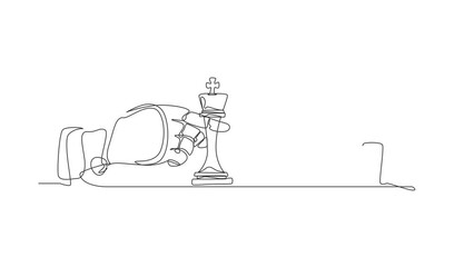 Poster - Animated self drawing of continuous line draw robots hands holding king chess piece the other hand too. Robotics artificial intelligence. Electronic technology industry. Full length one line animation