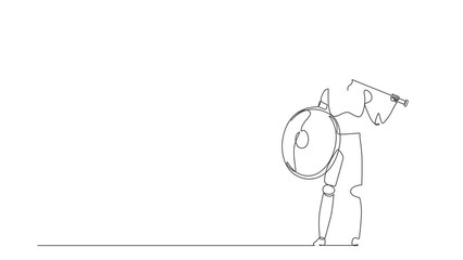 Poster - Self drawing animation of single line draw robot standing holding axe and shield. Future technology development. Artificial intelligence machine learning. Continuous line draw. Full length animated