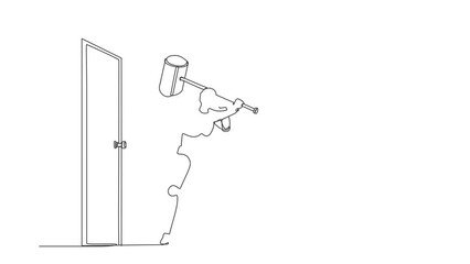 Poster - Animated self drawing of continuous line draw robot holding large hammer to destroying door. Future technology. Artificial intelligence and machine learning process. Full length one line animation