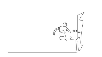 Poster - Animated self drawing of continuous line draw robots standing kicks closed door with his leg. Humanoid robot cybernetic organism. Future robotics development concept. Full length single line animation