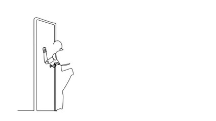 Poster - Animated self drawing of continuous line draw robots standing in front of room knocking door. Humanoid robot cybernetic organism. Future robotics development concept. Full length single line animation