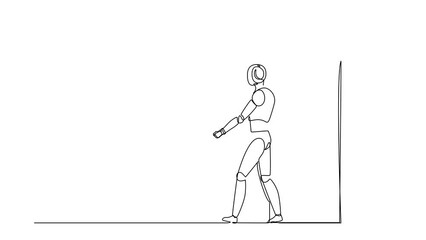 Poster - Animated self drawing of continuous line draw robots walking out and leaving office door. Robotics artificial intelligence technology. Electronic technology industry. Full length one line animation