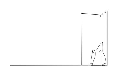 Poster - Self drawing animation of single line draw robot walking out through an open door. Future technology development. Artificial intelligence and machine learning. Continuous line. Full length animated