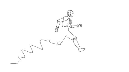 Poster - Animated self drawing of continuous line draw robot jumping through the hole, metaphor to facing big problem. Humanoid robot cybernetic organism. Robotic development. Full length single line animation