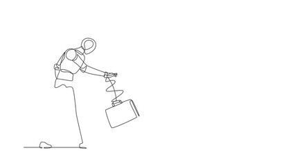 Poster - Self drawing animation of single one line draw robot throws briefcase into hole. Future technology development. Artificial intelligence and machine learning. Continuous line draw. Full length animated