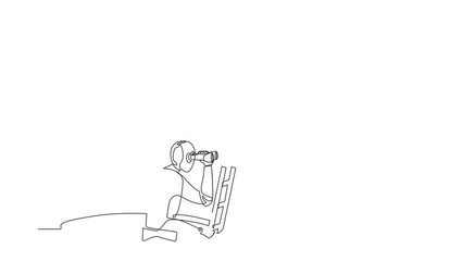 Poster - Animated self drawing of continuous line draw robot climbs out of the hole by ladder using binocular. Robotics artificial intelligence technology. Electronic technology. Full length one line animation